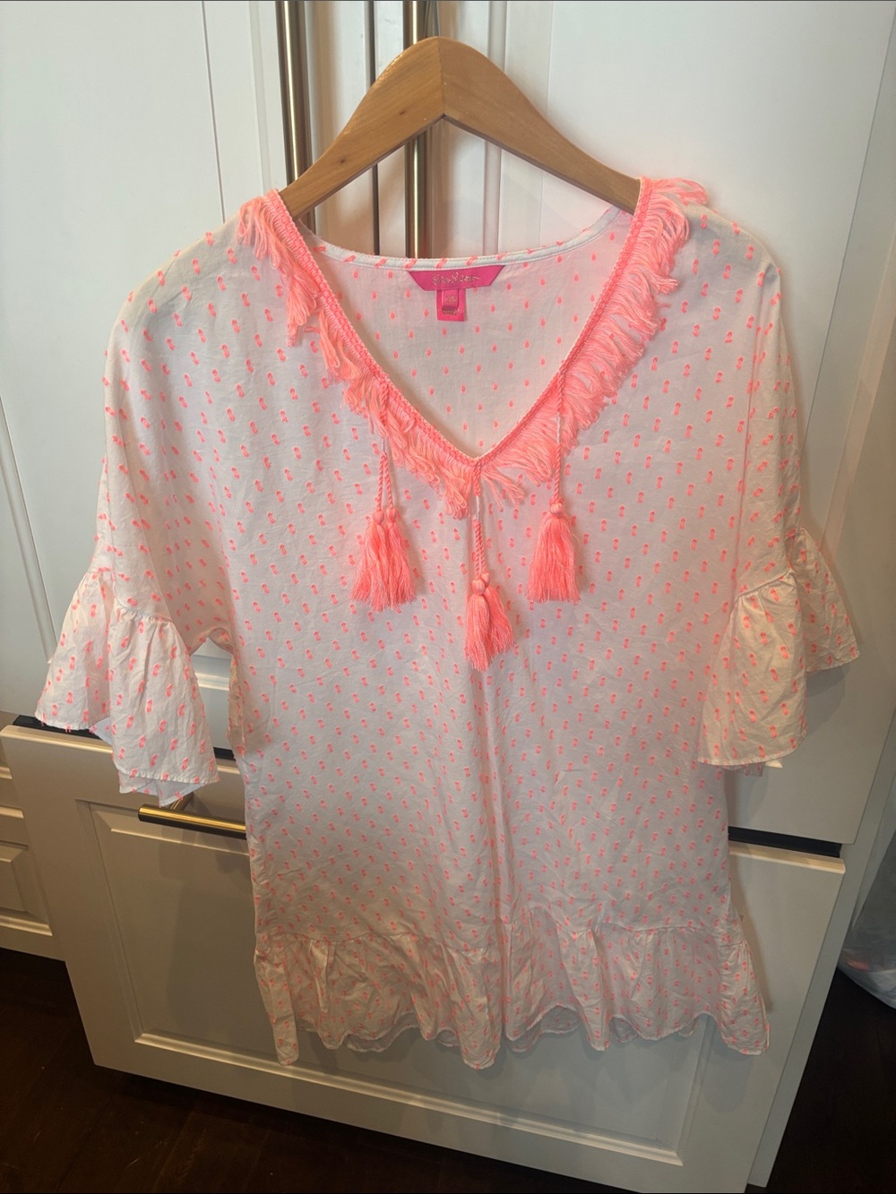 White Tunic with Neon Pink Tassel Trim